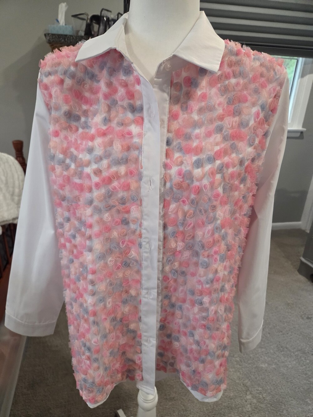 Womens White Button-Front Shirt with Pink & Gray Rosette Overlay